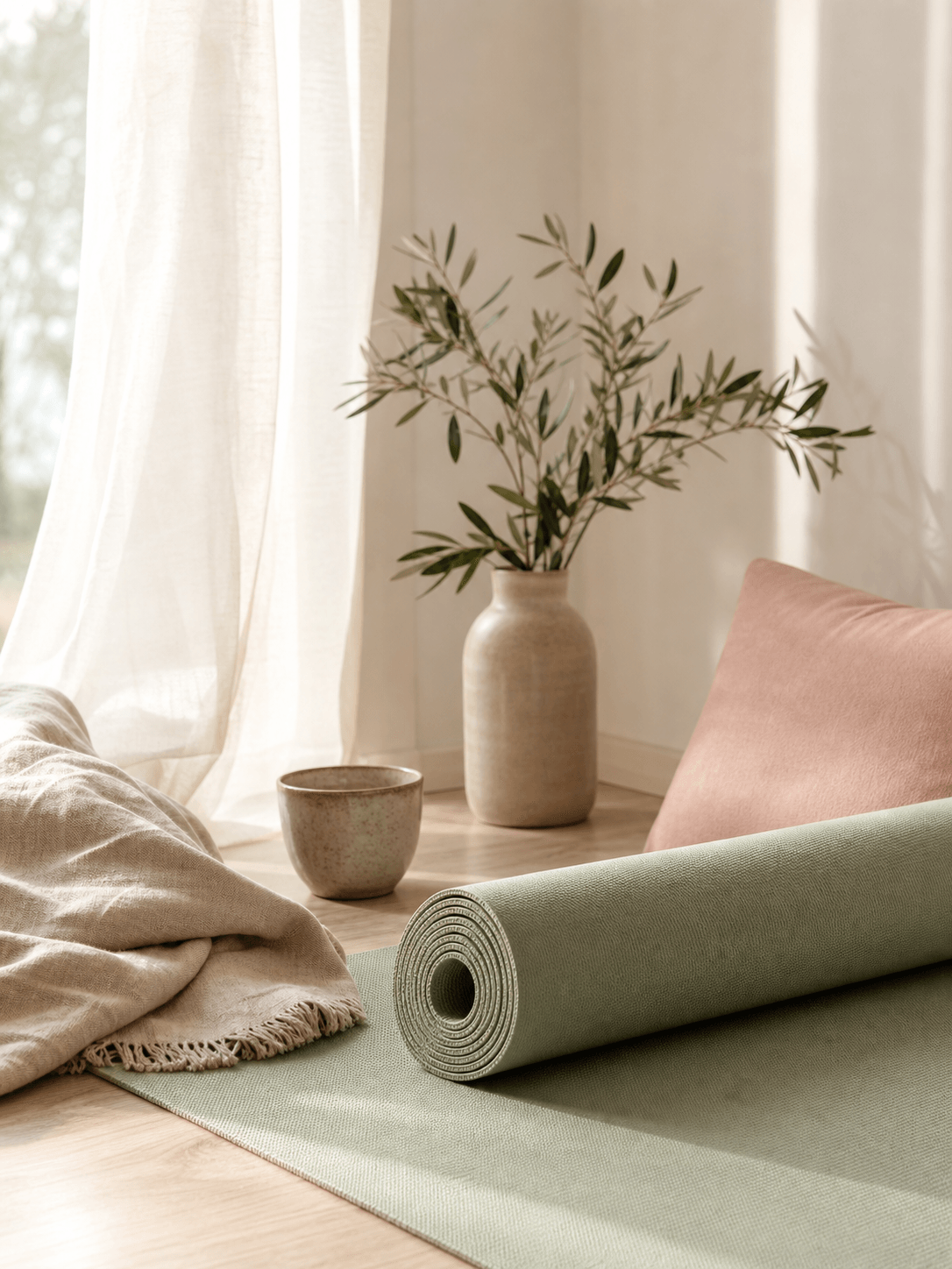 Rolled yoga mat and tea in a calm, sunlit corner