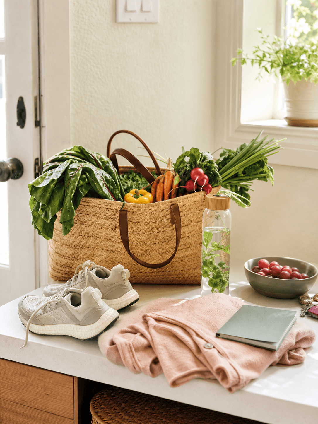Fresh groceries, walking shoes, water bottle, and notebook prepared for a healthy routine