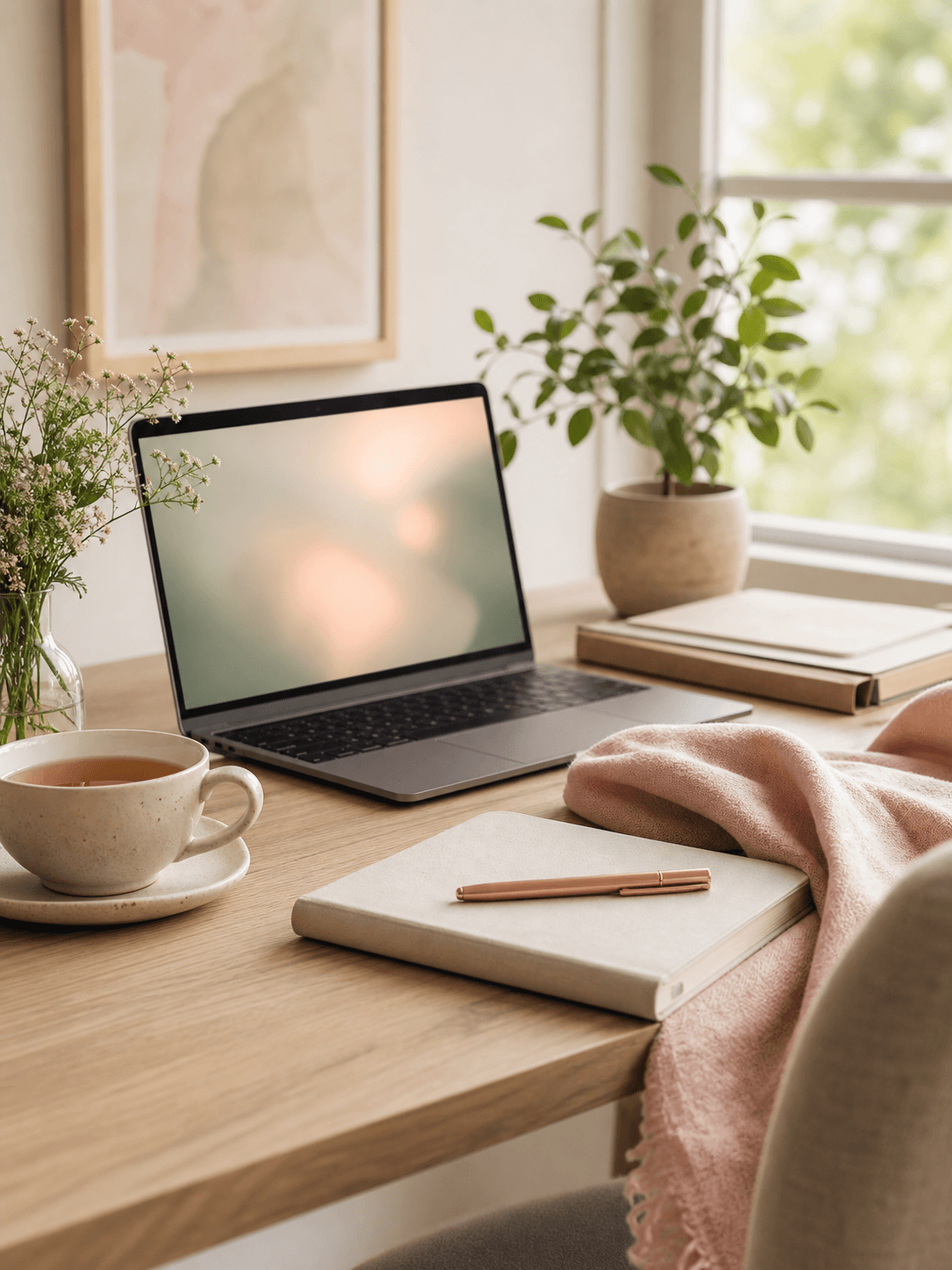 Laptop, notebook, and tea arranged for a virtual coaching session